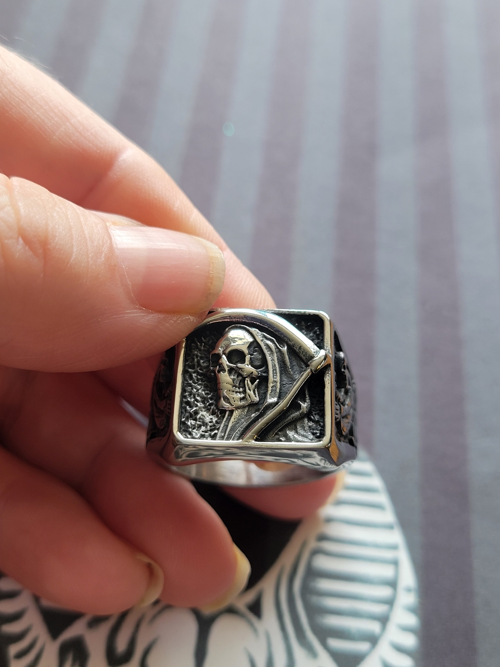 💀NEW💀Silver-Tone Stainless Steel Grim Reaper Skull Signet  Ring Size 11
